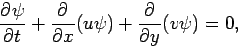 \begin{displaymath}
\DP{\psi }{t} + \DP{}{x}(u\psi ) + \DP{}{y}(v\psi ) = 0,
\end{displaymath}