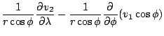 $\displaystyle \frac{1}{r \cos \phi} \DP{v_2}{\lambda}
- \frac{1}{r \cos \phi} \DP{}{\phi}(v_1 \cos \phi)$