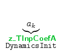 $\displaystyle \underbrace{a_k}_{\begin{array}{r} \mbox{{\cmssbx\textcolor{PineGreen}{z\_TInpCoefA}}} \\ \mbox{{\footnotesize\tt DynamicsInit}} \end{array}}$