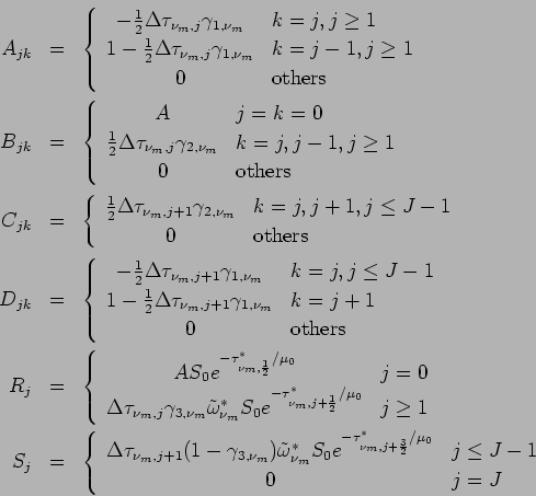 \begin{eqnarray*}
A_{jk} &=& \left\{
\begin{array}{cl}
- \frac{1}{2}\Delta \t...
...}}^{*}
/\mu_{0}} &
j\leq J-1 \\
0 & j=J
\end{array} \right.
\end{eqnarray*}