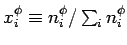 $x_{i}^{\phi} \equiv n_{i}^{\phi}/\sum_{i}n_{i}^{\phi}$